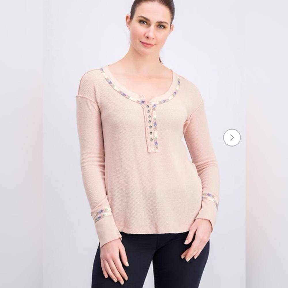 NWT Free People Button Henley Waffle Knit Embroidered Top Rose Blush Pink Size M